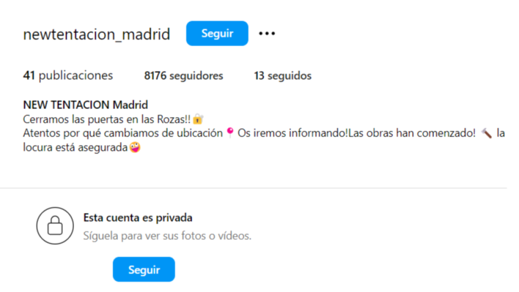 El perfil de Instagram del antiguo bar de copas de Estefanía Carbajo, New Tentación.
