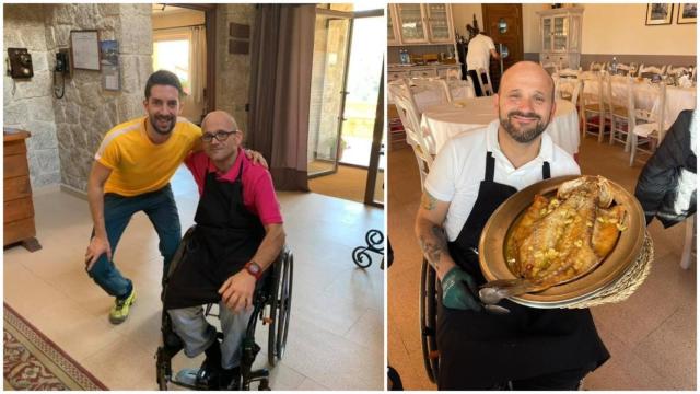 Miguel Ángel Fernández Martínez, junto a David Broncano, en el Restaurante El Rincocito de Gredos en Ávila. Al lado, una imagen de este hostelero y camarero parapléjico, mostrando un rodaballo, una de las especialidades de su negocio.