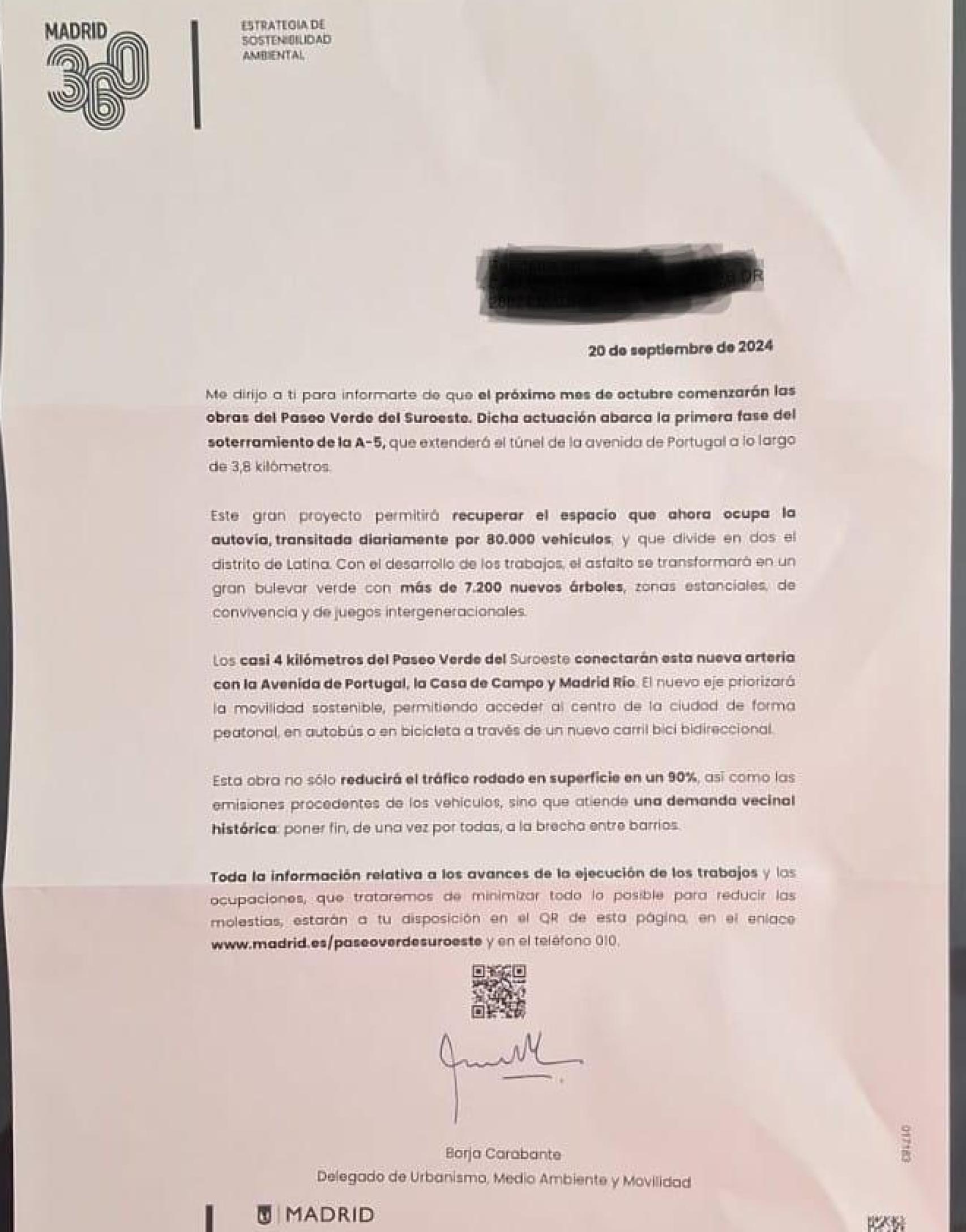 Carta del Ayuntamiento de Madrid enviada a los vecinos de la A-5.