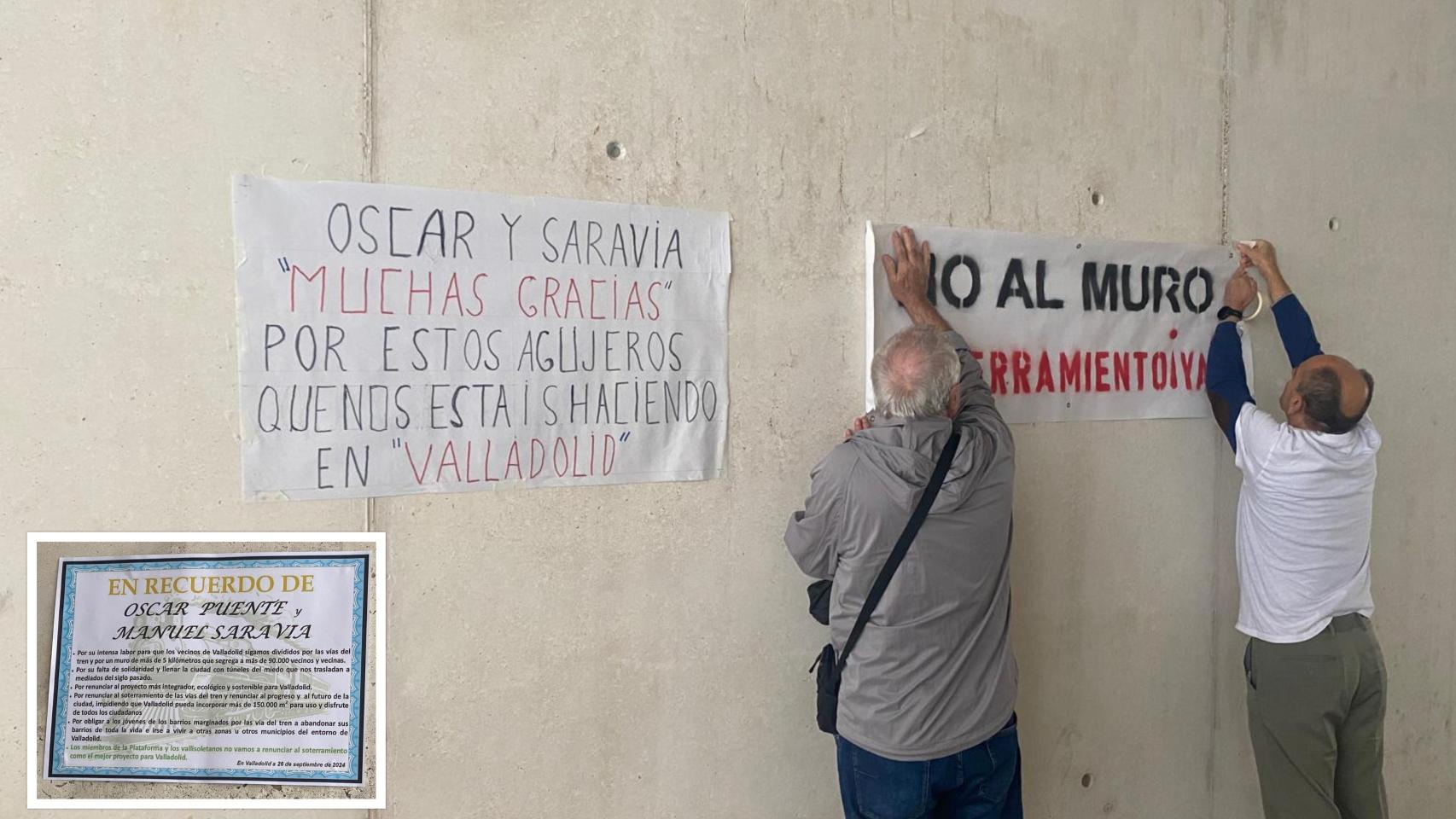 La irónica 'placa' y carteles que la Plataforma por el Soterramiento de Valladolid ha colocado en el túnel de Padre Claret