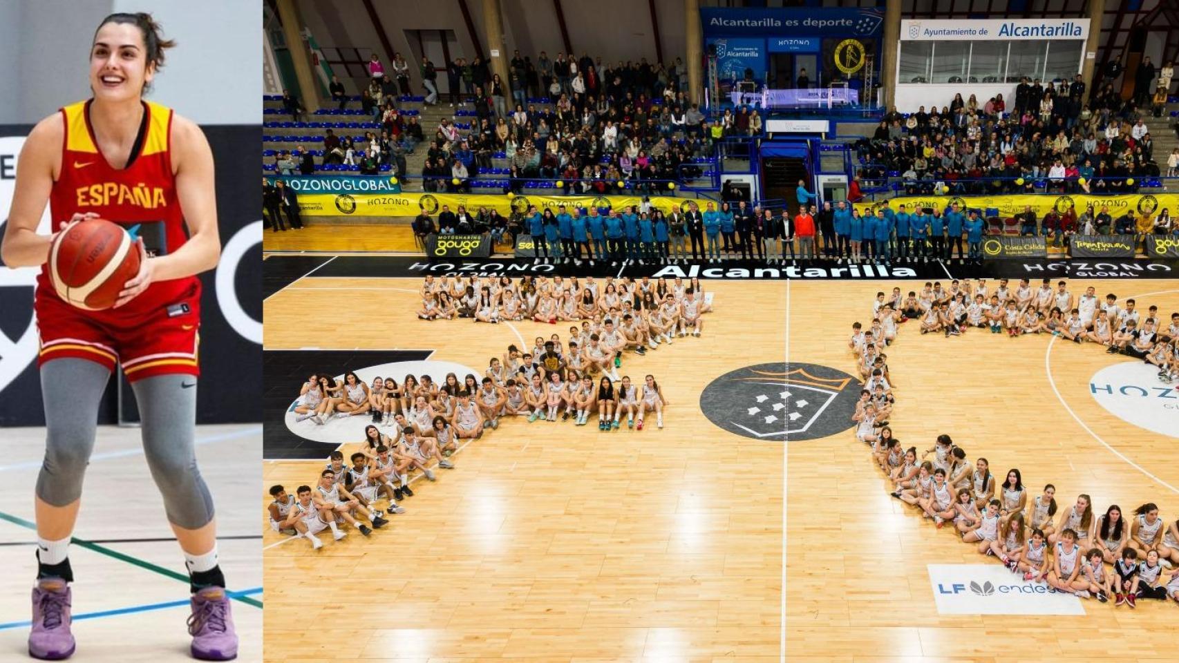 La jugadora internacional Paula Ginzo, junto a una imagen de toda la cantera del Hozono Global Jairis de Alcantarilla con motivo de su 70 aniversario.