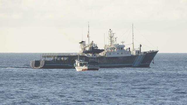 El buque de operaciones especiales Petrel del servicio de Vigilancia Aduanera traslada al puerto de Santa Cruz de Tenerife un pesquero localizado en el Atlántico con cocaína.