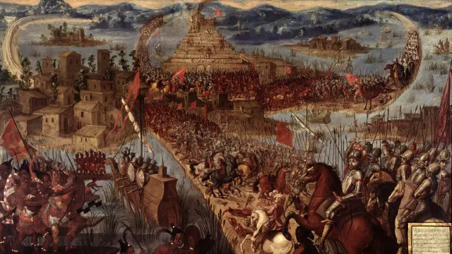 Cuadro sobre la conquista de México que representa la caída de Tenochtitlan.