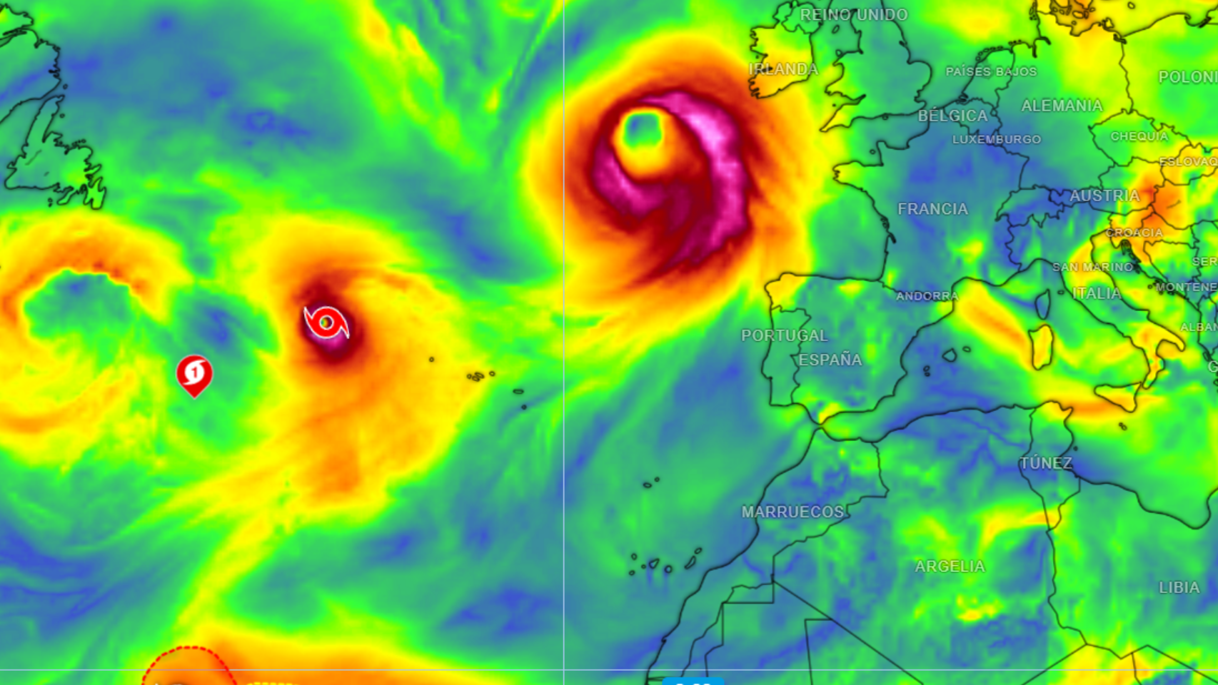 La situación de la borrasca Isaac en el centro del Atlántico y los vientos que impulsa. Meteored.