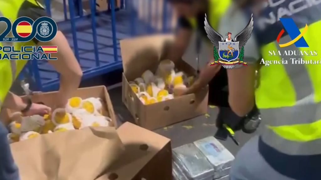 Agentes de la Policía Nacional tras hallar cocaína en contenedores de fruta del dragón procedentes de Ecuador.