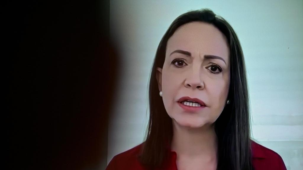 La líder opositora de Venezuela, María Corina Machado, durante una rueda de prensa telemática.