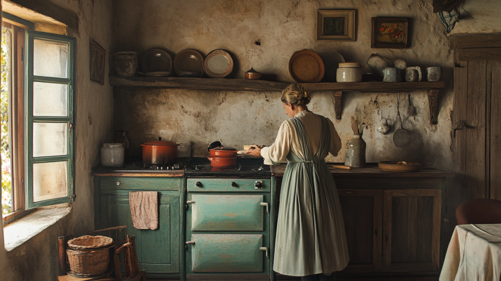 Mujer en cocina rural.