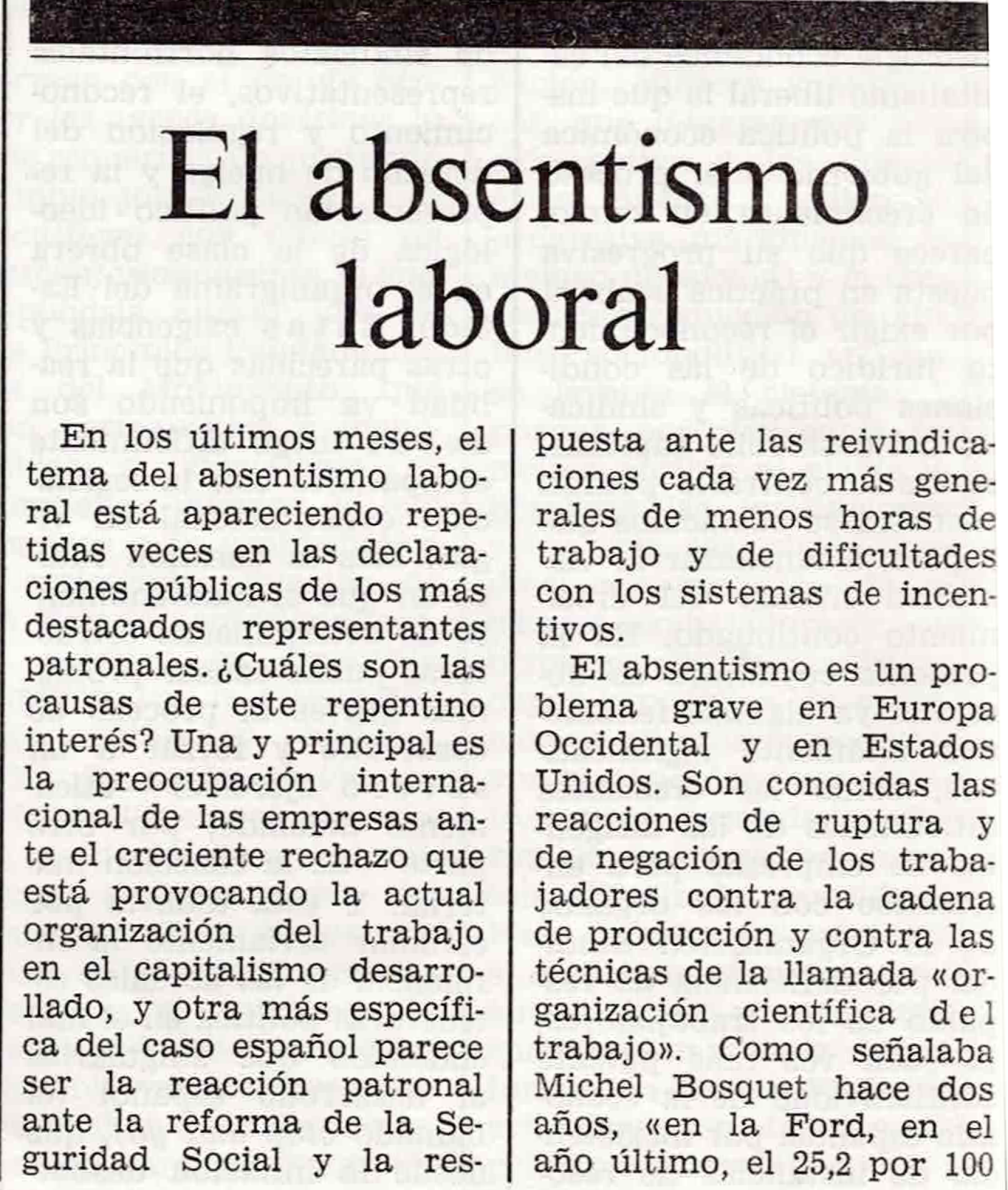 Primeros párrafos del editorial sobre el absentismo laboral.