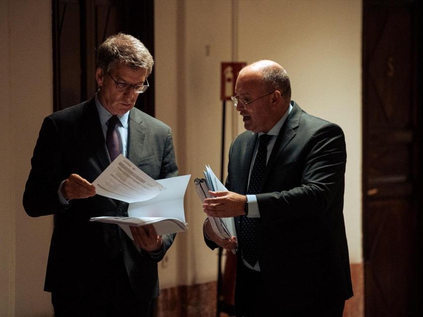 El presidente del PP, Alberto Núñez Feijóo (i), y el portavoz del PP, Miguel Tellado (d), en el Congreso de los Diputados.