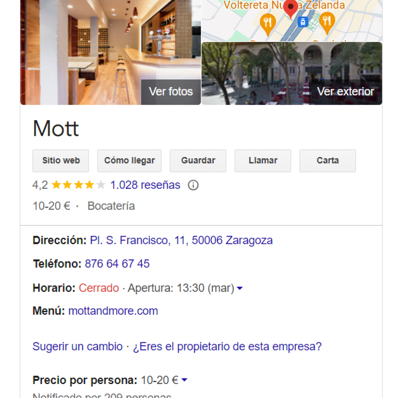 Ficha de google del restaurante Mott.