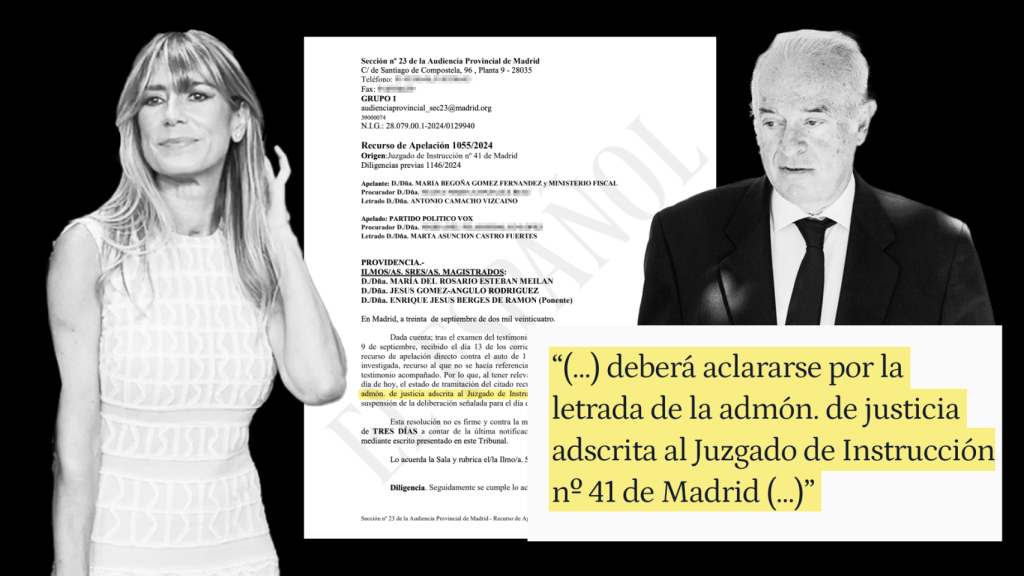 Fotomontaje con las imágenes de Juan Carlos Peinado, Begoña Gómez y la resolución de la Audiencia Provincial suspendiendo su deliberación.