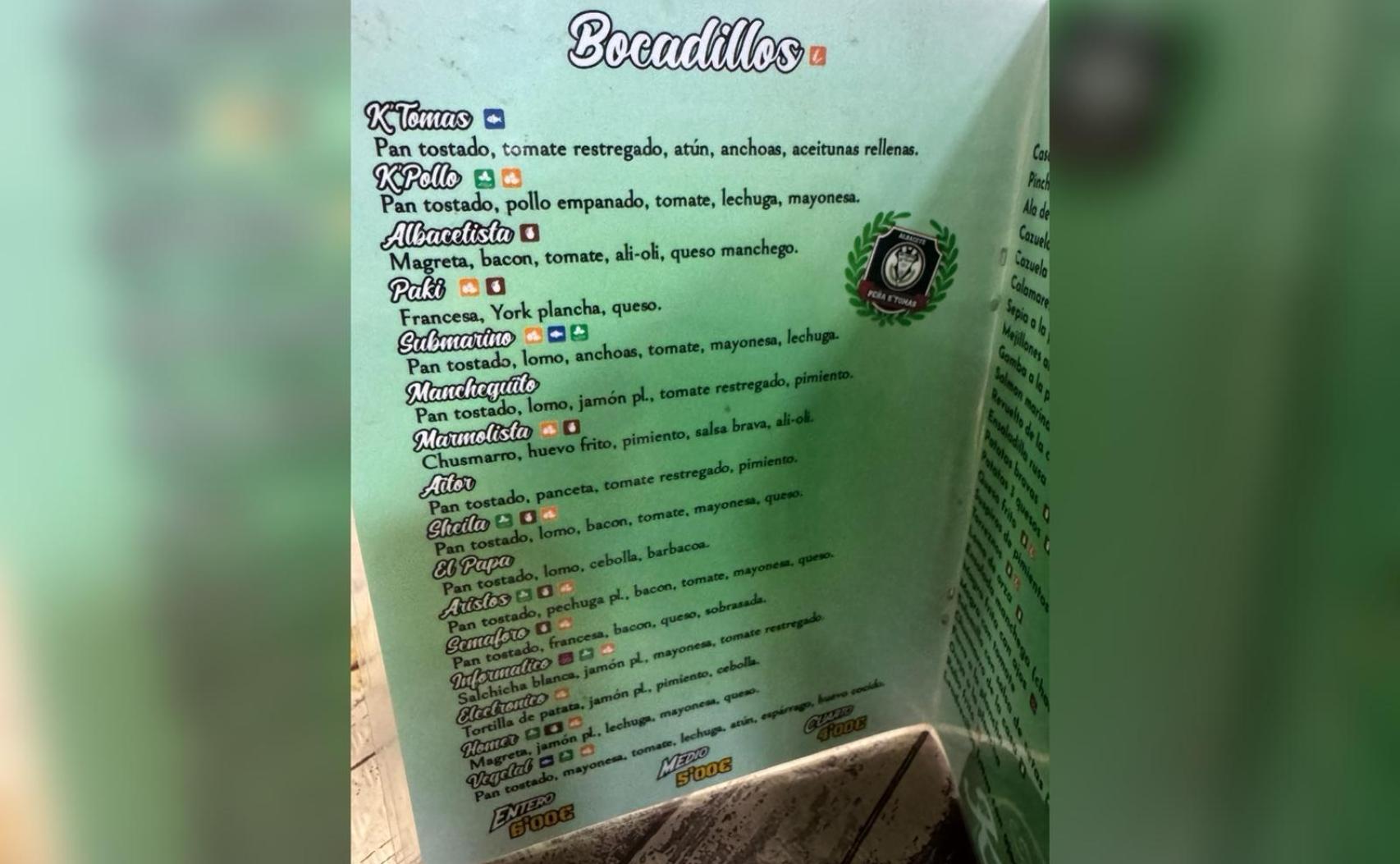 Carta de bocadillos de la Tapería K'Tomas.