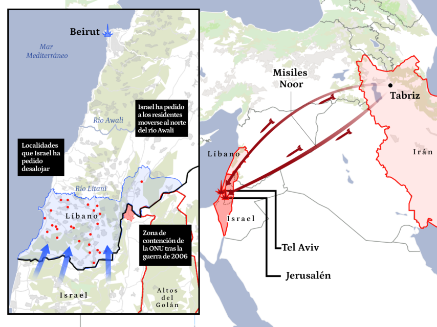 Mapa de los ataques entre Irán, Israel y Líbano.