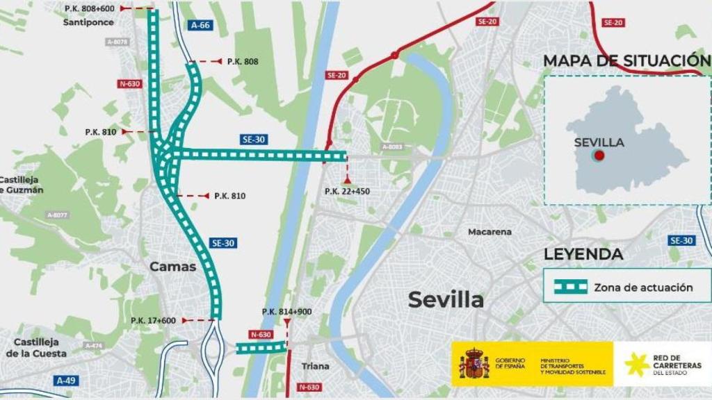 Mapa de las obras previstas en estas carreteras de Sevilla.