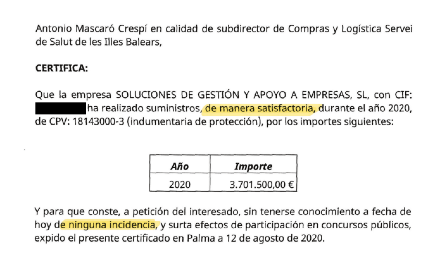 Escrito firmado por Mascaró Crespí avalando las mascarillas entregadas por Soluciones de Gestión SL.