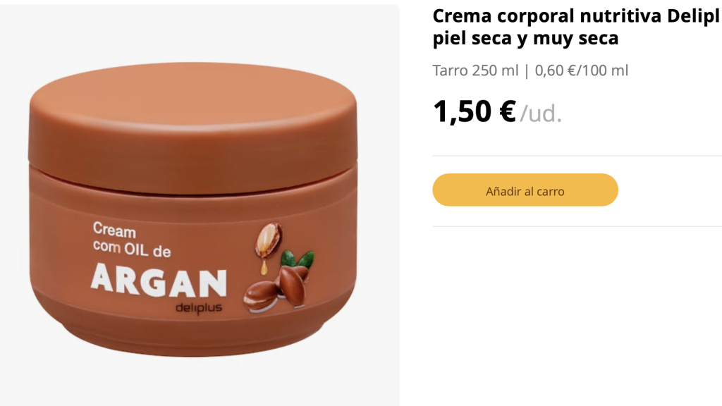 Crema corporal nutritiva Deliplus con aceite de argán.