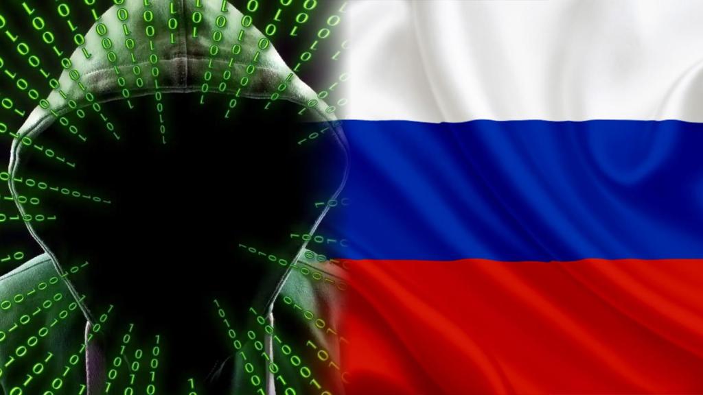 Fotomontaje con la ilustración de un hacker y la bandera de Rusia.