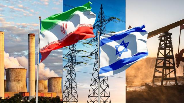 Fotomontaje de un ciclo combinado de gas, redes eléctricas y pozo petrolífero con las banderas de Israel e Irán.