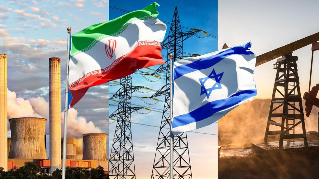 Fotomontaje de un ciclo combinado de gas, redes eléctricas y pozo petrolífero con las banderas de Israel e Irán.