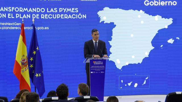 El presidente del Gobierno, Pedro Sánchez, interviene este jueves en una jornada sobre el Plan de Recuperación y la transformación de las pymes españolas, este jueves en Madrid.