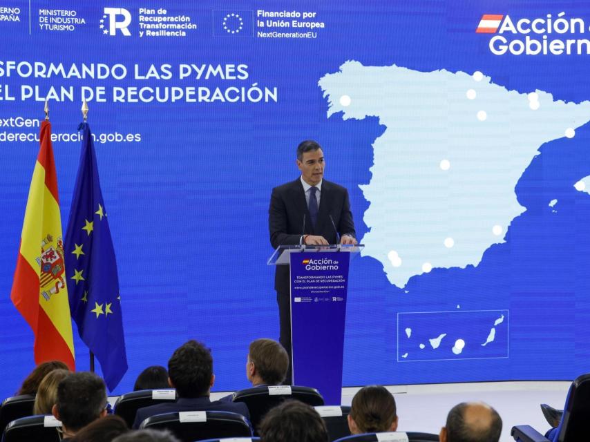 El presidente del Gobierno, Pedro Sánchez, interviene este jueves en una jornada sobre el Plan de Recuperación y la transformación de las pymes españolas, este jueves en Madrid.