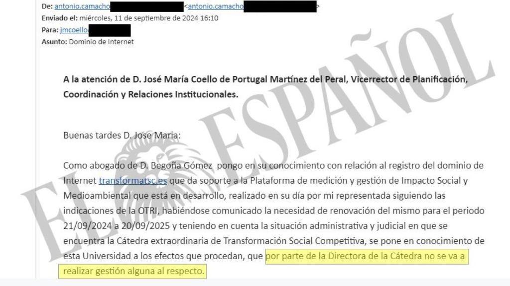 'E-mail' enviado por el abogado de Begoña Gómez a la UCM.