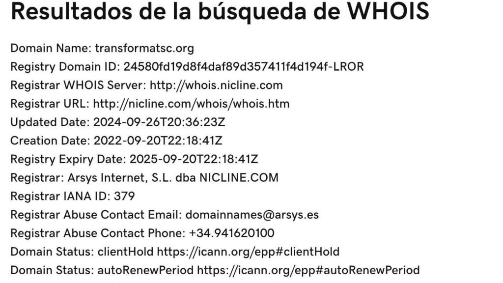 Datos extraídos de whoisdomain.com sobre la web de Transforma TSC SL que albergaba el 'software' para pymes.