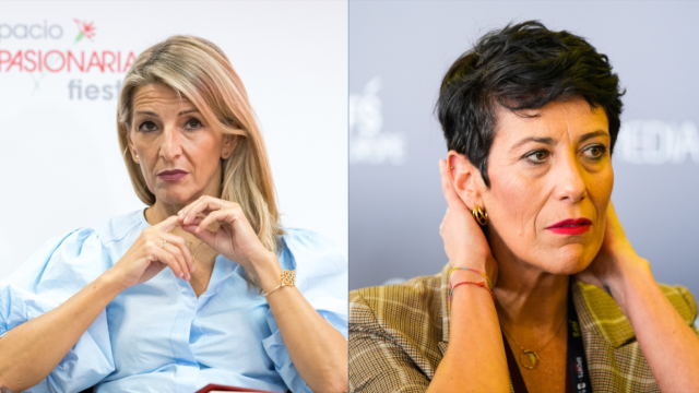 La vicepresidenta segunda y ministra de Trabajo, Yolanda Díaz (i) y la ministra de Inclusión, Seguridad Social y Migraciones, Elma Saiz (d).