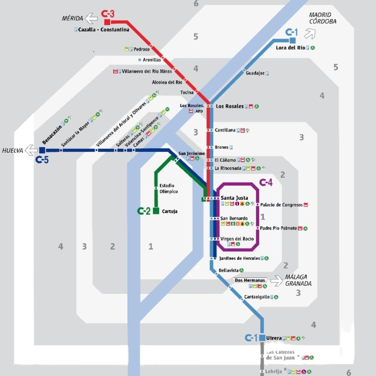 El actual mapa de la red de Cercanías en Sevilla.