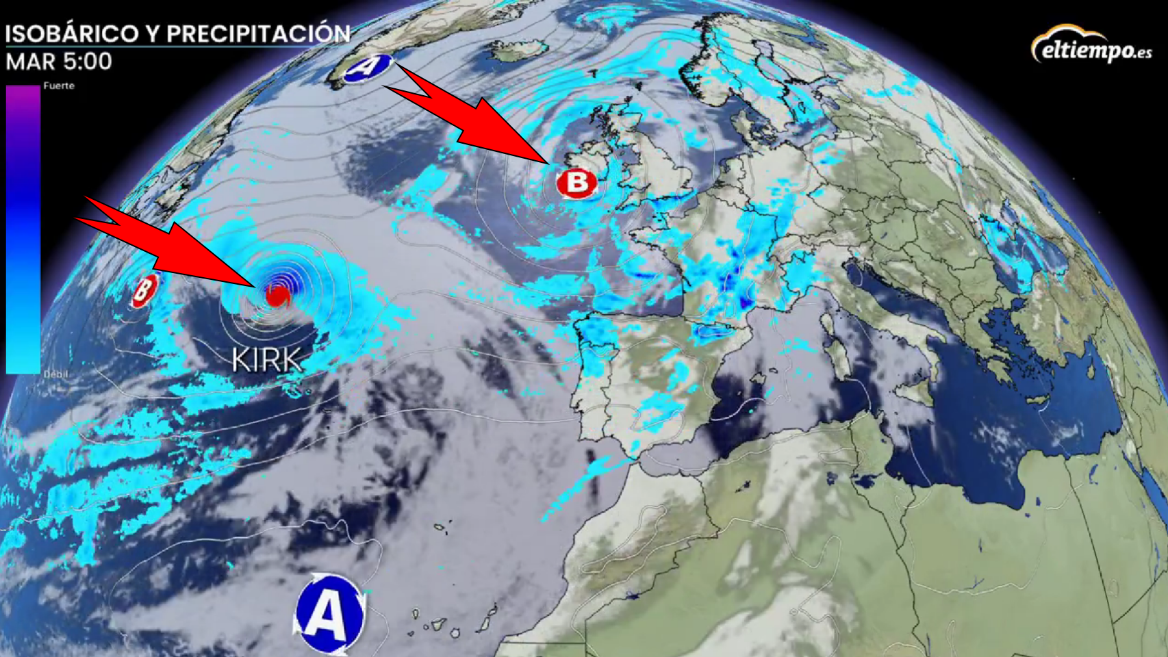 El paso de la borrasca atlántica y la aproximación del huracán Kirk a comienzos de la segunda semana de octubre. ElTiempo.es.