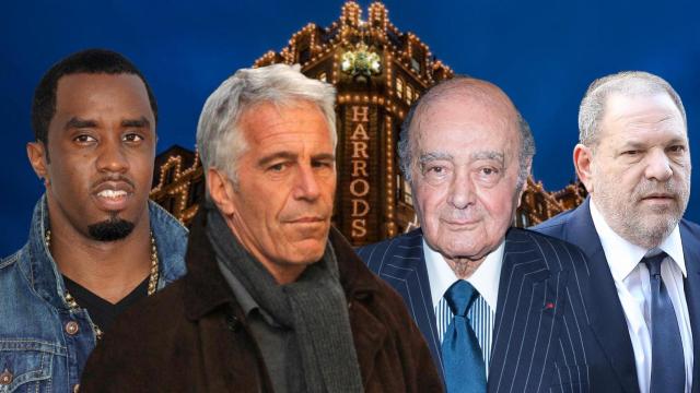 De izquierda a derecha, Puff Daddy, Jeffrey Epstein, Mohamed Al-Fayed y Harvey Weinstein.