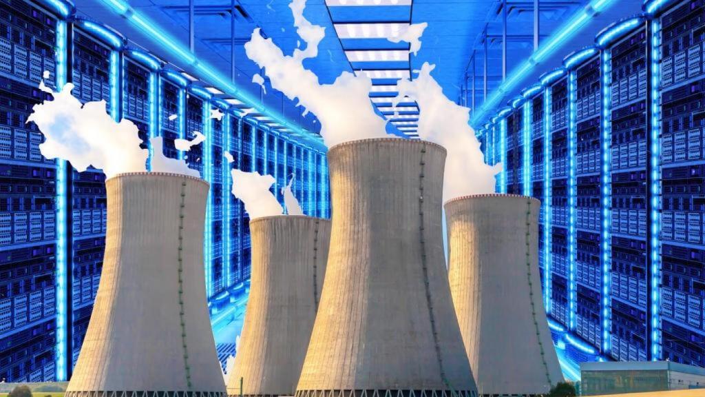 Fotomontaje de una central nuclear con el fondo de un centro de datos por dentro.