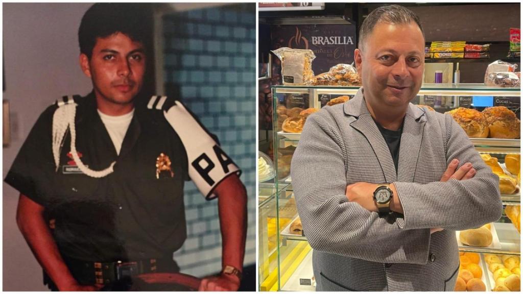 José Humberto Rodríguez, en su etapa como policía en Colombia (i.) y en una de sus panaderías (d.).