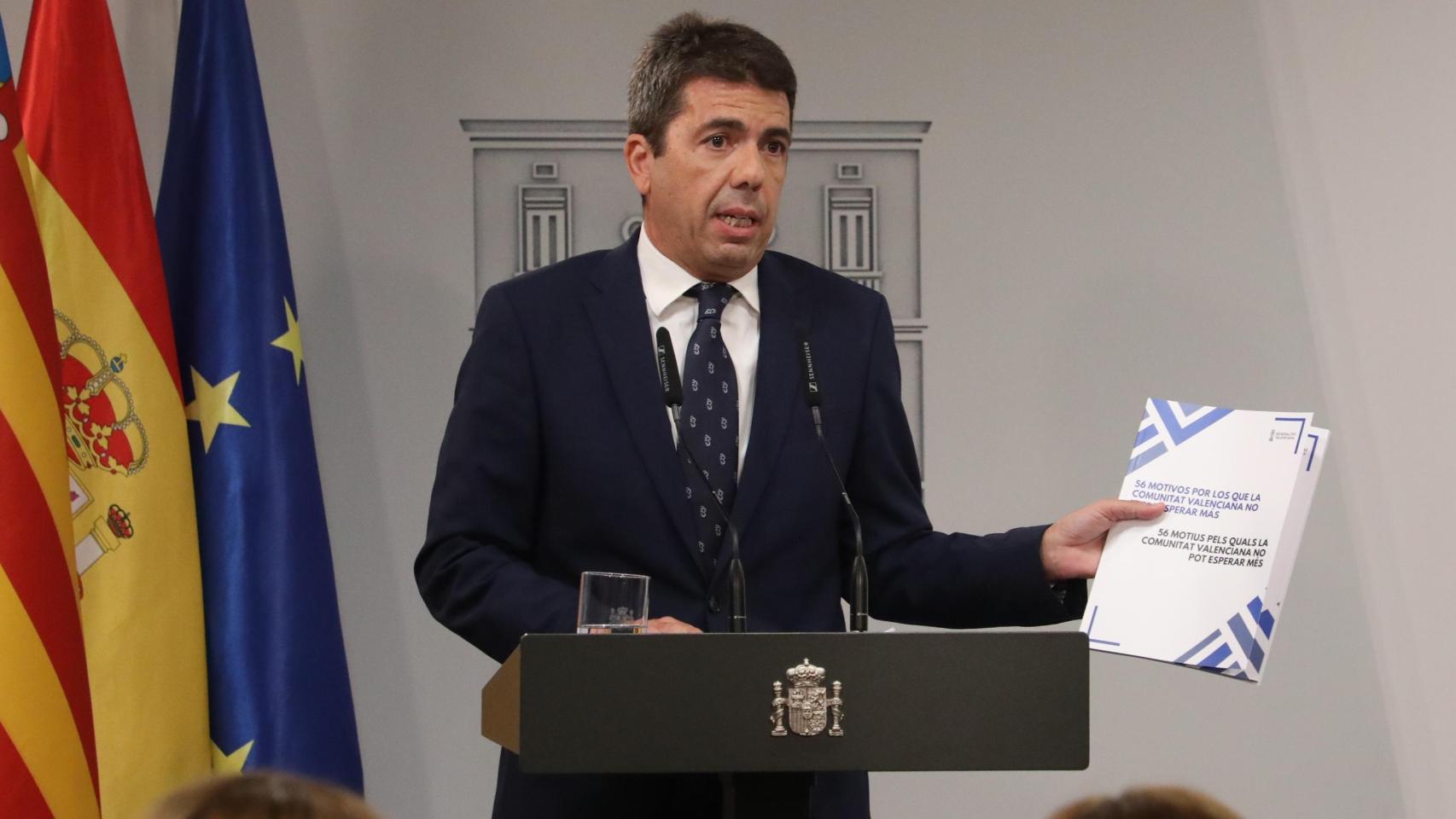 Carlos Mazón, durante su rueda de prensa en La Moncloa. EE