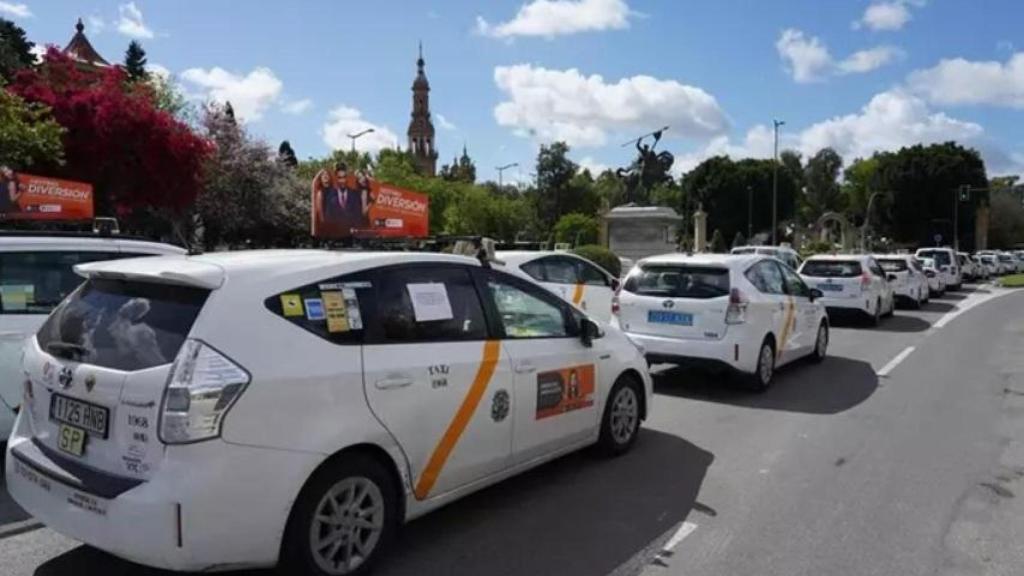 Varios taxis circulan por la Avenida del Cid en Sevilla.