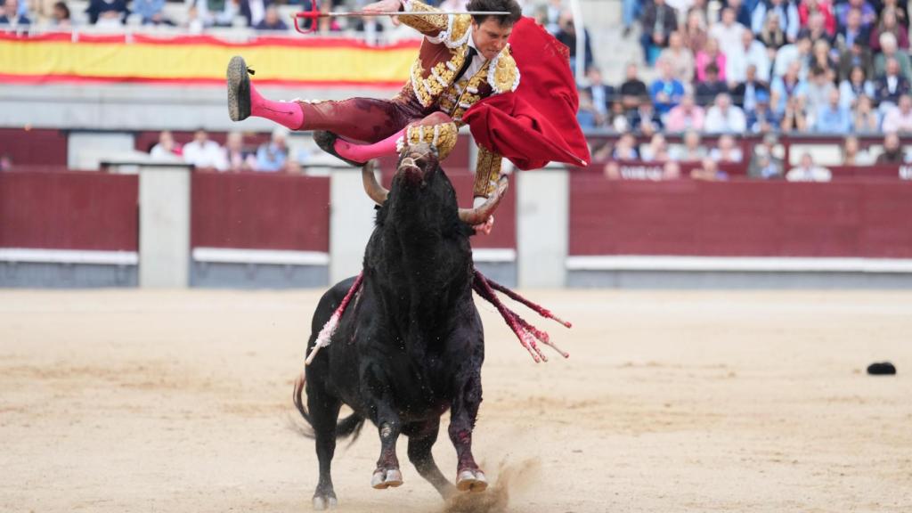 El diestro Roca Rey sufre una cogida durante el festejo taurino de la Feria de Octubre que se celebra este domingo en la Monumental de Las Ventas, en Madrid.