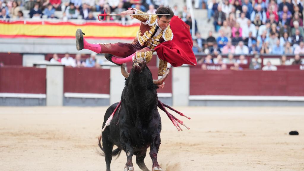 El diestro Roca Rey sufre una cogida durante el festejo taurino de la Feria de Octubre que se celebra este domingo en la Monumental de Las Ventas, en Madrid.