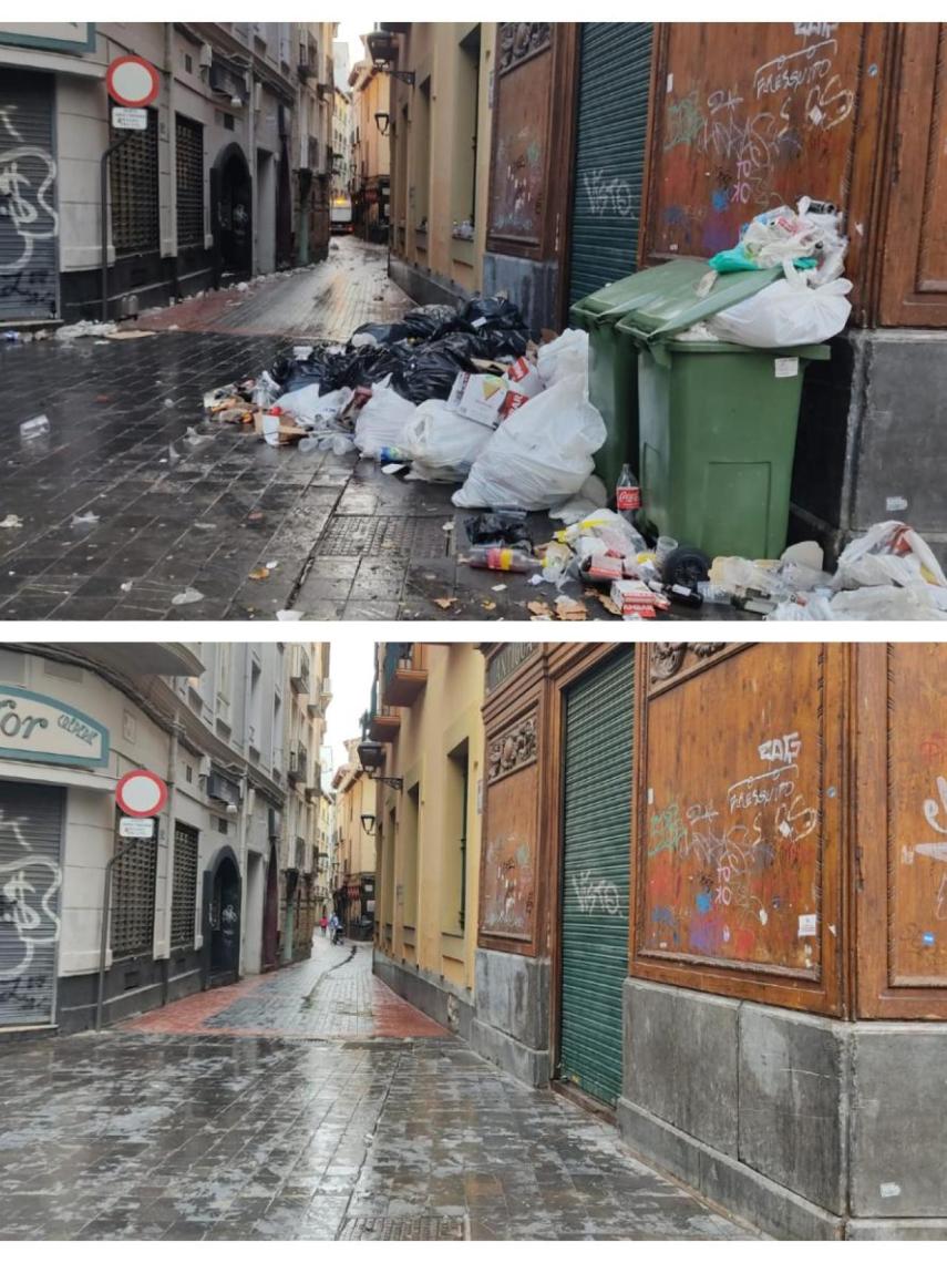 Imagen del antes y el después de que pasen los servicios de limpieza por el casco de Zaragoza.