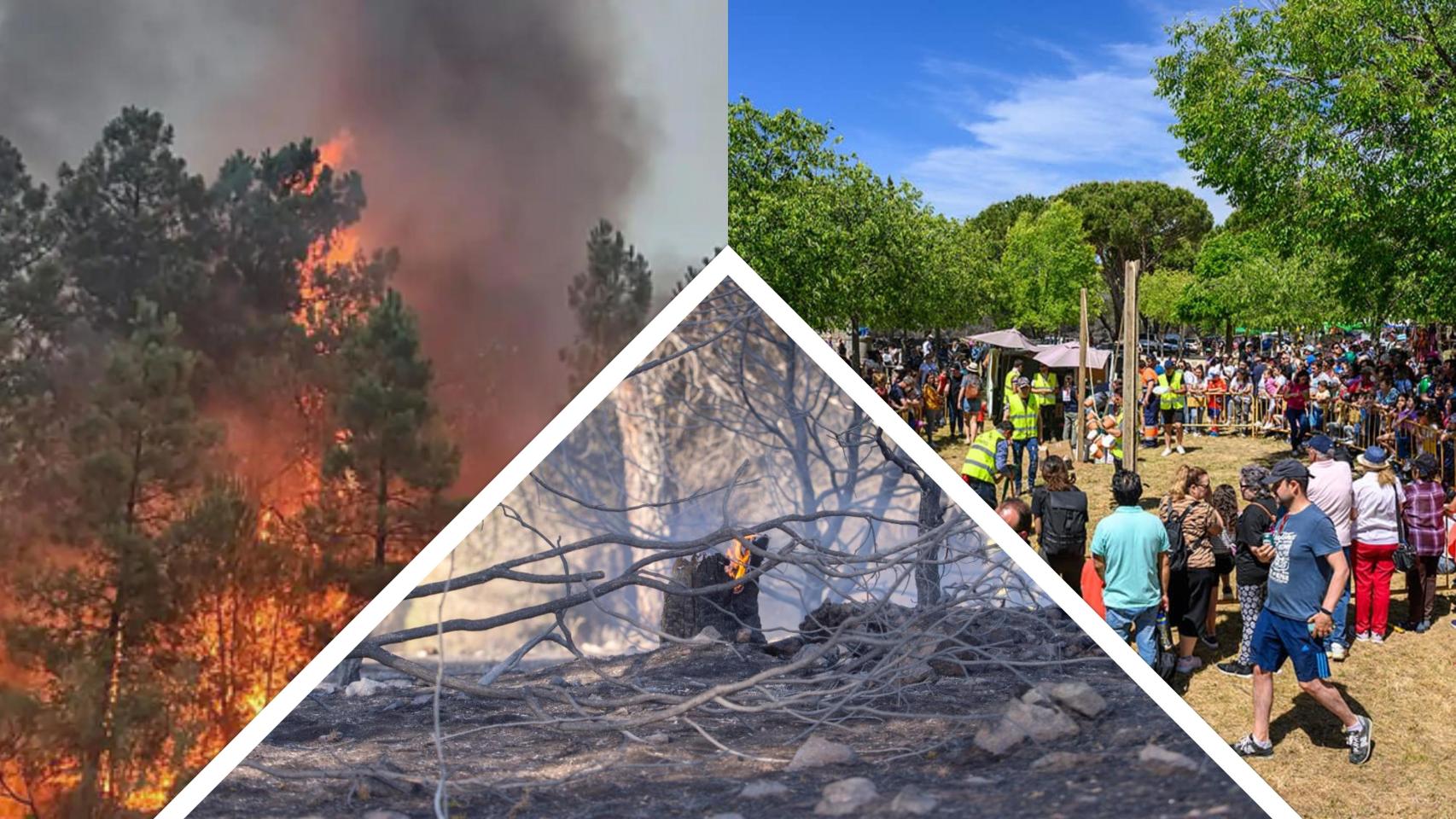 Tres imágenes de El Hoyo de Pinares durante el incendio y otra, actualmente