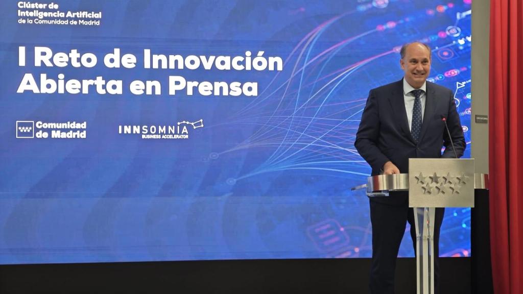 El consejero de Digitalización de la Comunidad de Madrid, Miguel López-Valverde, en la presentación del Primer Reto de Innovación Abierta de la Prensa.