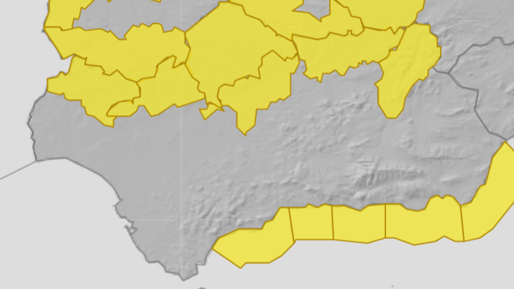 Aviso amarillo en todas las provincias andaluzas, salvo Cádiz. AEMET.