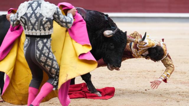 El diestro Roca Rey sufre una cogida durante el festejo taurino de la Feria de Octubre este domingo.