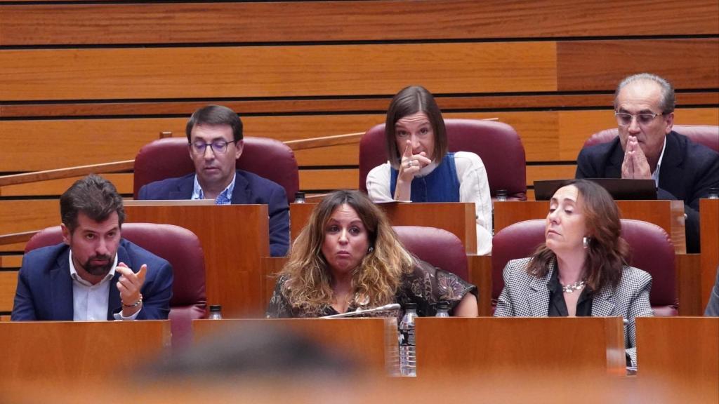 El secretario general del PSCyL y portavoz del Grupo Socialista, Luis Tudanca, junto a la viceportavoz, Patricia Gómez Urbán, en el pleno de las Cortes de este martes