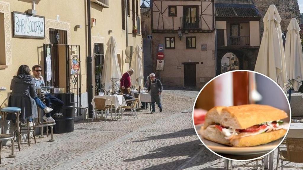 Imagen del bar Socorro de Segovia, con la puerta medieval al fondo, y uno de sus bocadillos, en un montaje de EL ESPAÑOL