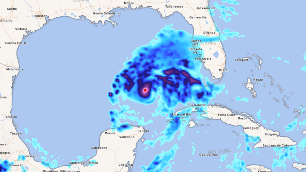 El tamaño del huracán Milton abarca de Mérida (Yucatán, México) a Tampa (Florida, EEUU). Meteored.