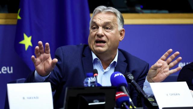 El primer ministro húngaro, Viktor Orbán, durante su rueda de prensa de este martes en Estrasburgo