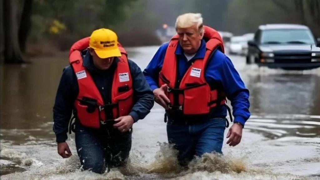 Una imagen generada por una IA de Donald Trump ayudando en una inundación.