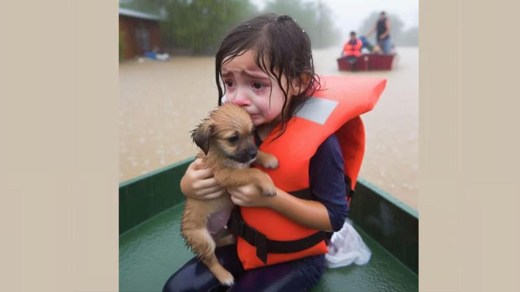 Una imagen de una niña en una inundación generada por una IA.