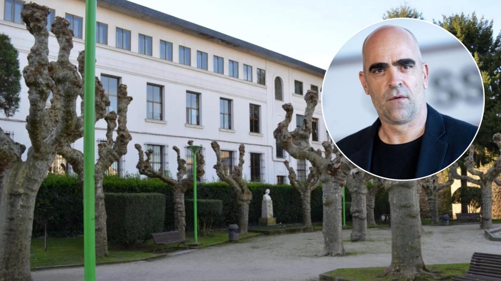 Una foto del colegio Maristas de Lugo junto a otra de Luis Tosar.