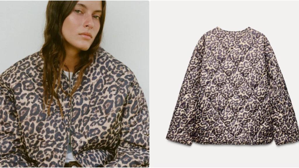 Cazadora acolchada con estampado de leopardo de Zara.